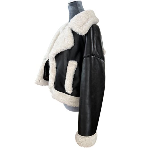 Abercrombie & Fitch Womens Black Vegan Leather Sherpa-Lined Aviator Jacket Size - Picture 4 of 7